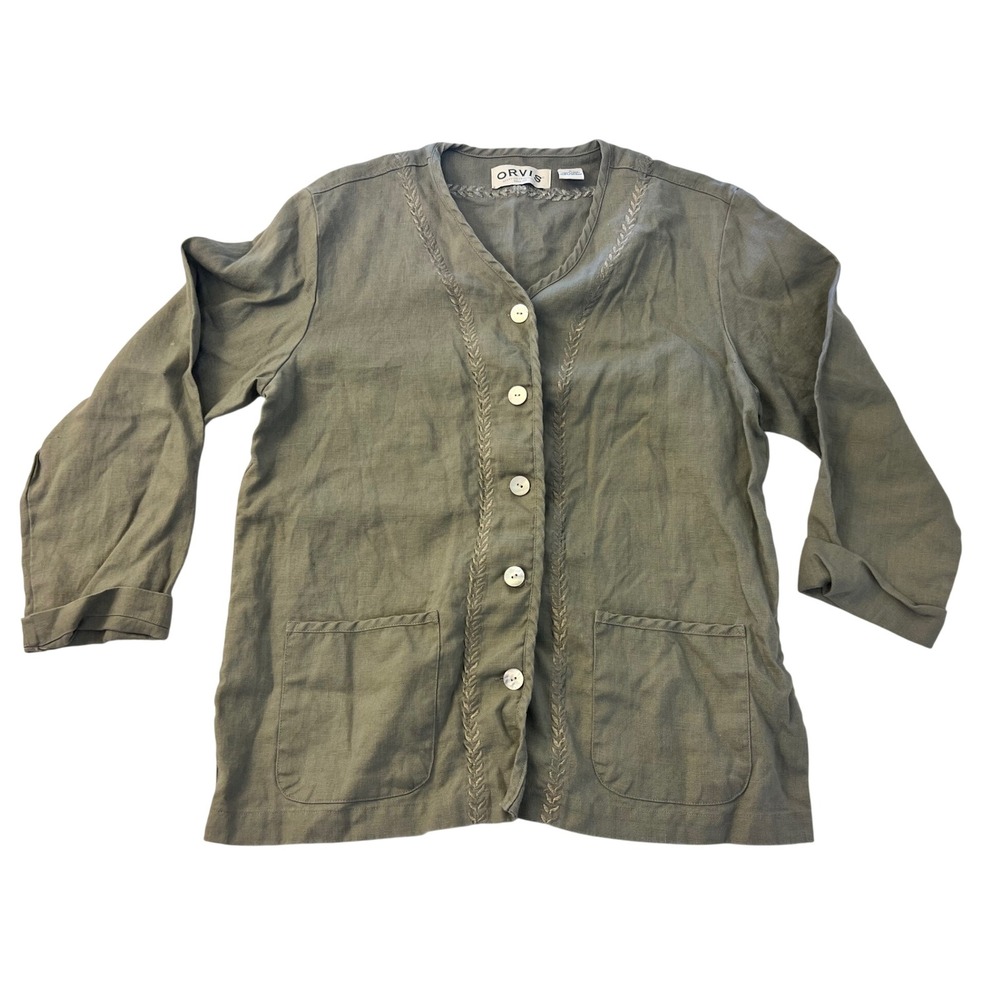 Orvis Sporting Traditions Olive Green 100% Linen Embroidered Button Up Top S